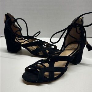 Michael Kors Mirabel High Heel Sandal Shoes Lace Up Open Toe Suede Black Size 6
